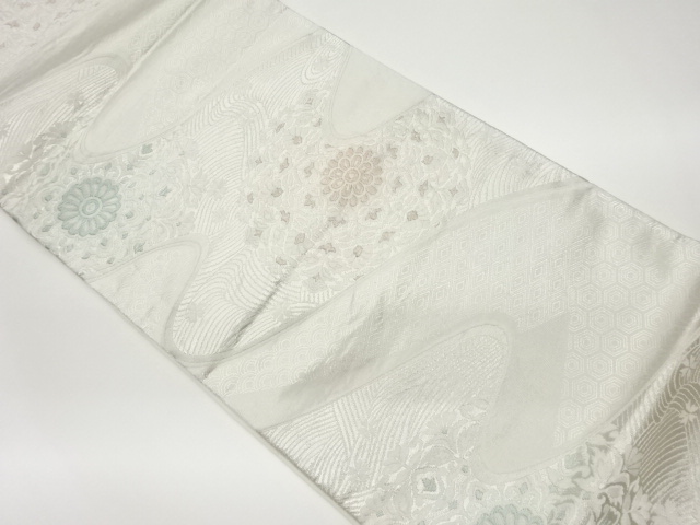 JAPANESE KIMONO / VINTAGE FUKURO OBI / SILK / WOVEN STREAM & FLOWER CREST